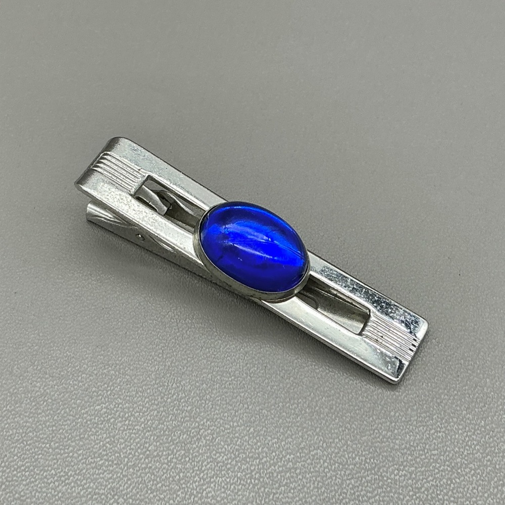 Anson Blue Glass Cabochon Tie Clip Silver Tone Vintage Men's Necktie Bar